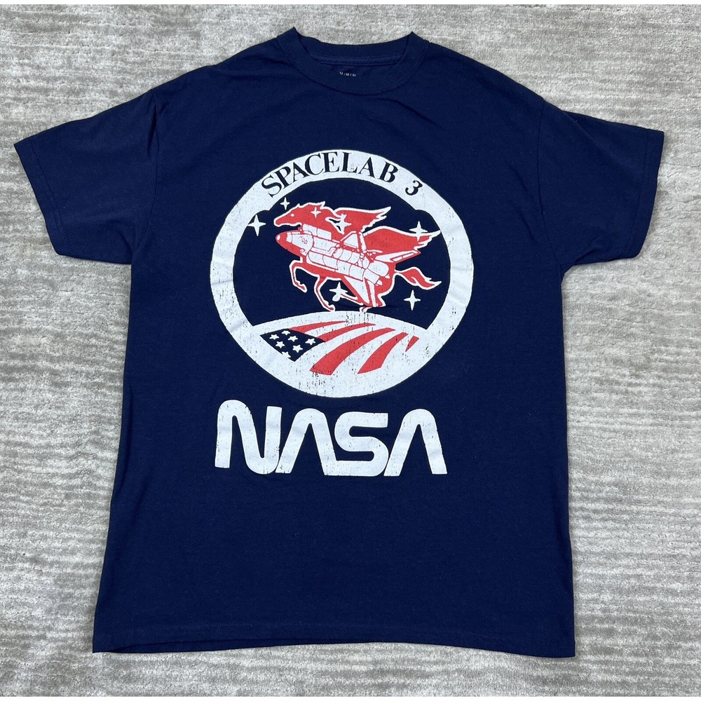 NASA Graphic T-Shirt Mens Medium Navy Blue Spacelab 3 Mission Patch Short Sleeve